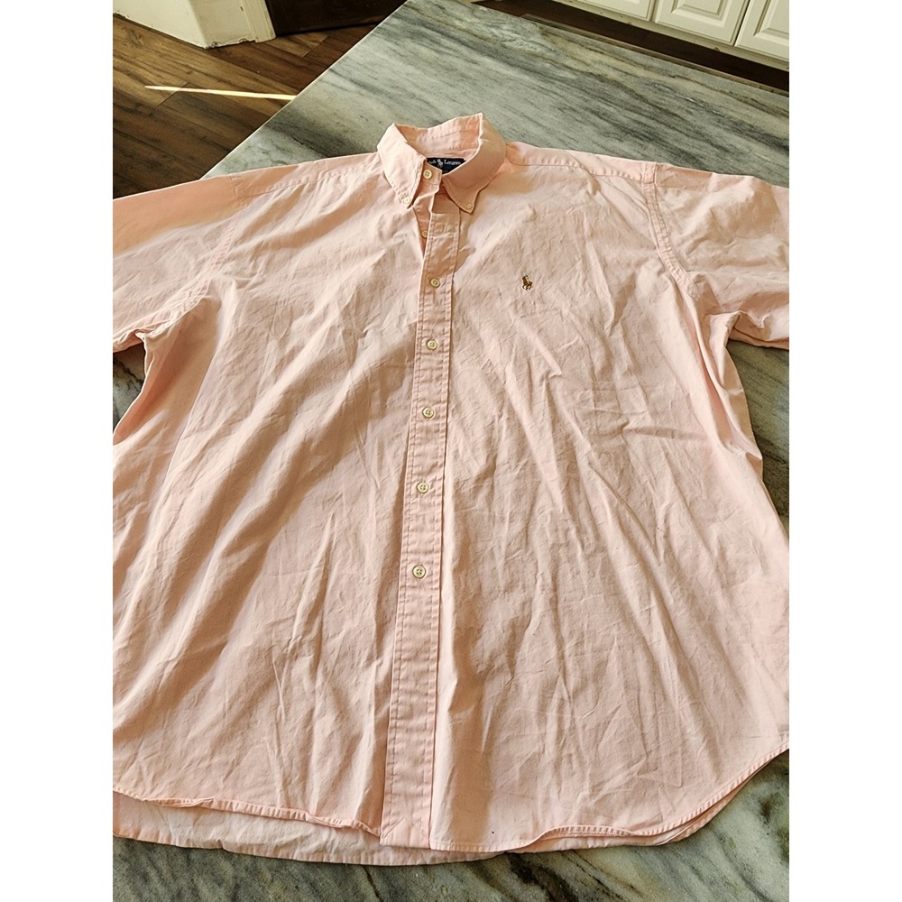 Ralph Lauren Blake Mens XXL Pink Cotton Short Sleeve Button Down Shirt Logo